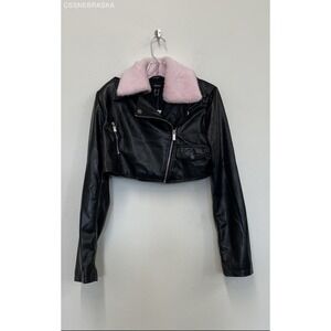 Forever 21 Black/Pink Faux Fur-Trim Cropped Moto Jacket - Size M